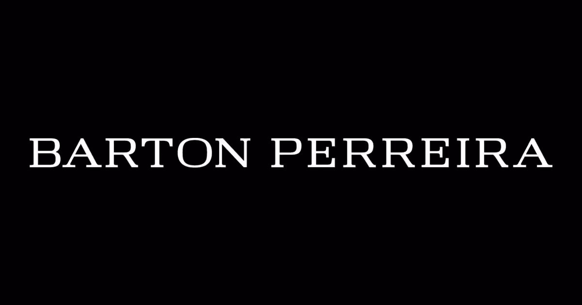 A black and white photo of a barton perreira logo