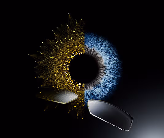 A computer screen with a blue eye and a pair of glasses