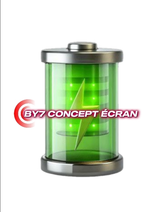 Icône de batterie verte chargée avec un éclair jaune au centre et le texte BY7 CONCEPT ÉCRAN en superposition.