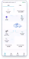 Smartphone screen showing a system performance app with metrics for CPU usage at 13%, GPU usage at 14%, battery level at 52%, storage used at 21%, network speed at 13.3 MB/s, and total consumption at 7.2 W, all displayed with circular progress bars and icons for each category. gridX End User App for monitoring and managing home energy use and connected energy assets