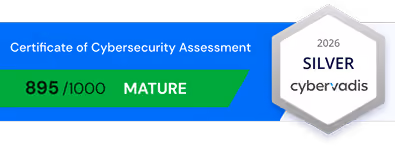 Banner reading 'Certificate of Cybersecurity Assessment, 895/1000 MATURE' next to a CyberVadis 2026 Silver medal badge. CyberVadis-certified gridX HEMS platform for secure home energy management and optimization