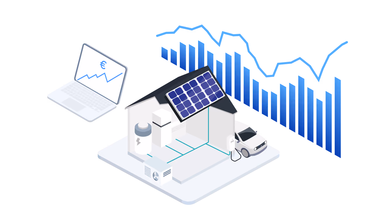 Isometrische Darstellung eines Hauses mit Solaranlage, Batteriespeicher und ladendem E-Auto, links ein Laptop mit steigender Kostenkurve und Euro-Symbol, rechts drei Personen an einem runden Beratungs-Kiosk