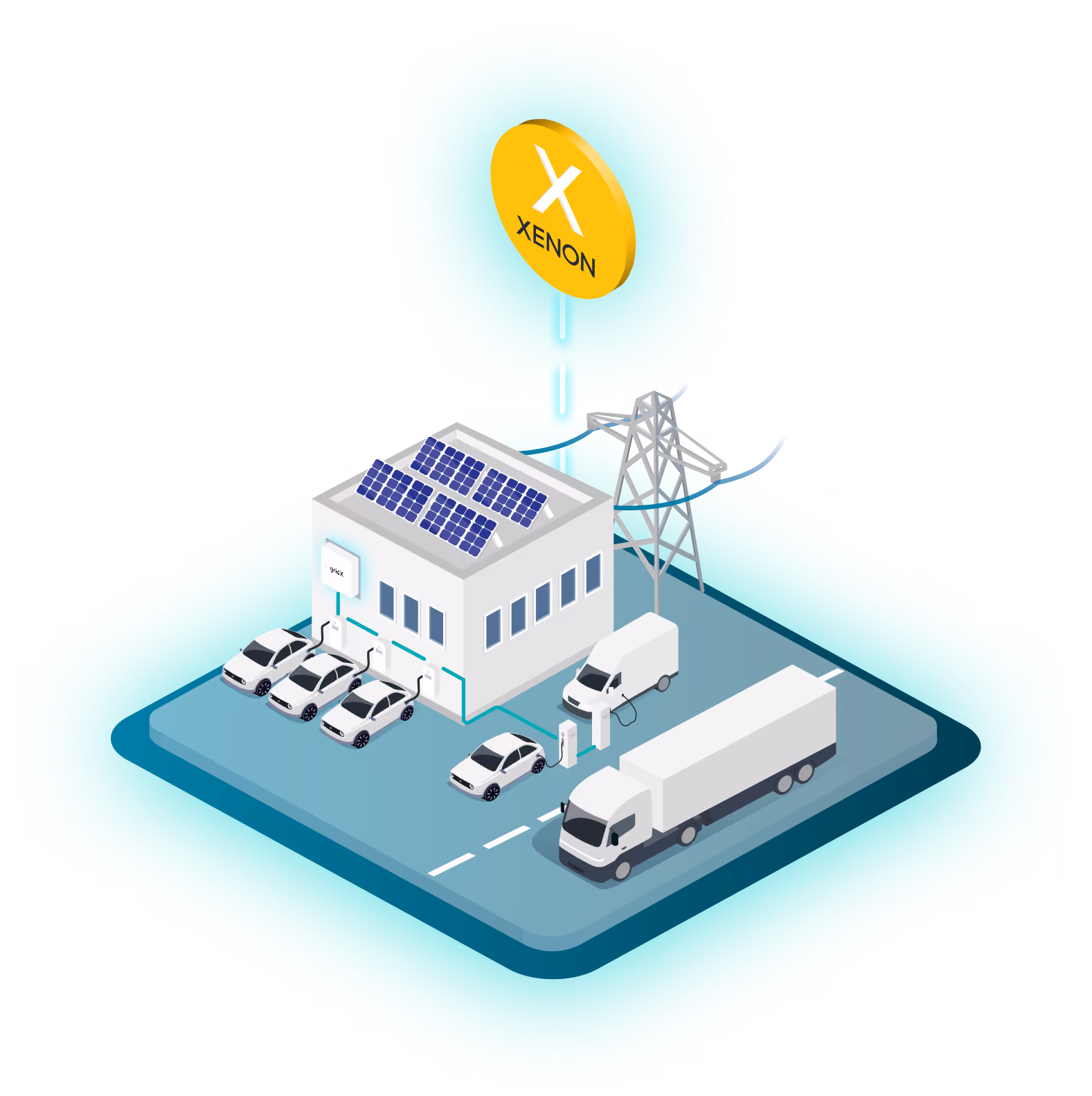 Isometric illustration of a charging depot with buses, vans and cars, solar panels, and a pylon, on a teal platform with a yellow XENON badge floating above