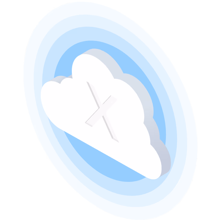 A white cloud icon crossed out with an X, on a blue oval background. gridX cloud connectivity for remote energy management without extra hardware