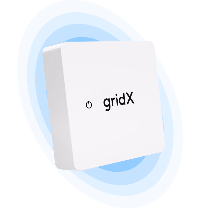 White square device with rounded edges labeled 'gridX' and a power symbol on the front, set against a blue oval background. gridX gridBox gateway for local energy management and device connectivity