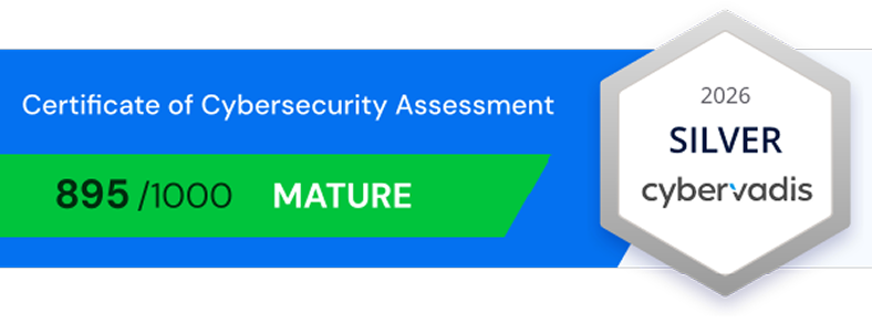 A certification banner reading 'Certificate of Cybersecurity Assessment, 895/1000, Mature' next to a silver hexagon CyberVadis 2026 badge. gridX XENON home energy management platform CyberVadis cybersecurity assessment with a score of 895 out of 1,000
