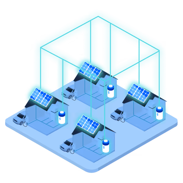 A teal network overlay connects four houses, each with rooftop solar panels, an EV, and a battery icon.