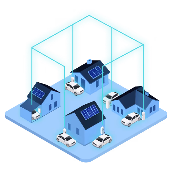 A teal network overlay connects four houses, each with rooftop solar panels and an EV charging.