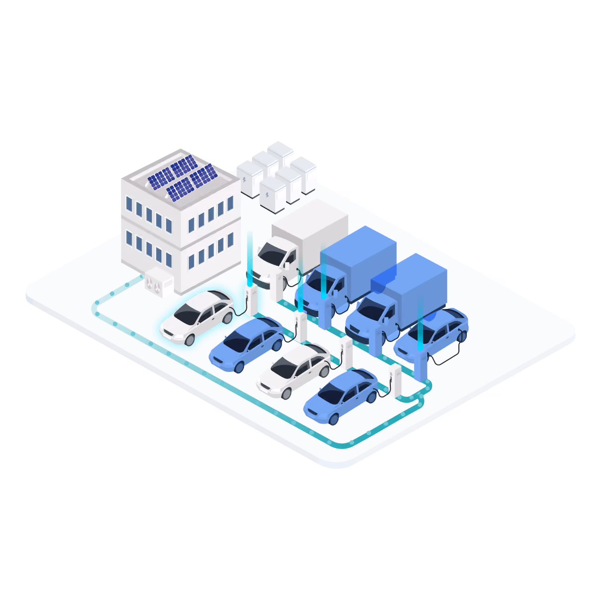 A building with rooftop solar panels and a mixed fleet of white and blue electric cars and delivery vans connected by a teal line.