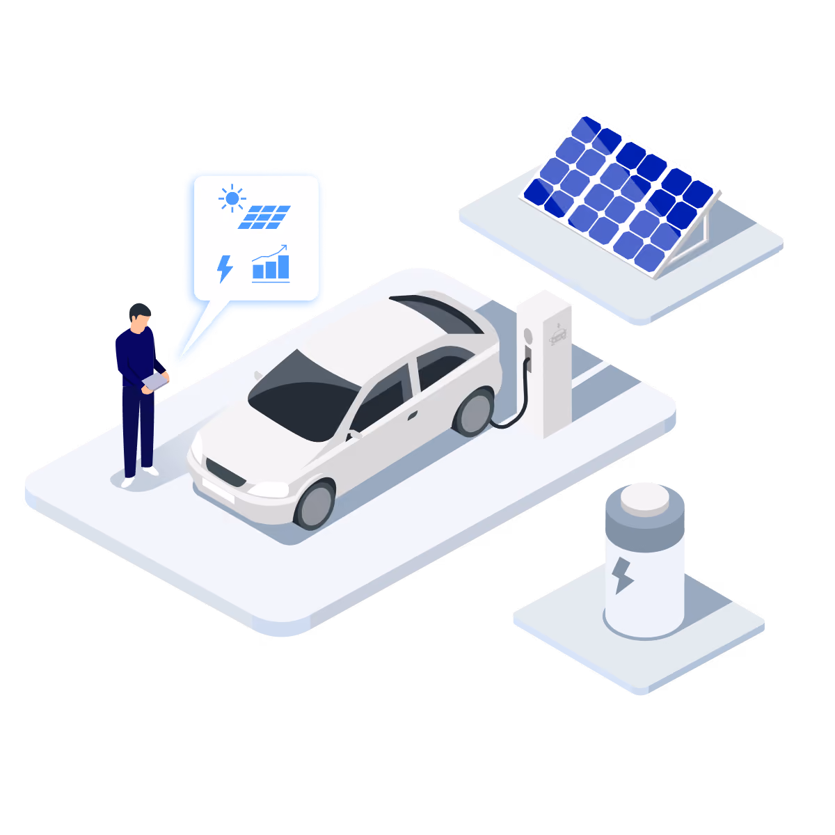 A person holding a phone stands next to a car at a charging station, a rooftop solar array, and a battery, with a speech bubble showing solar and chart icons.