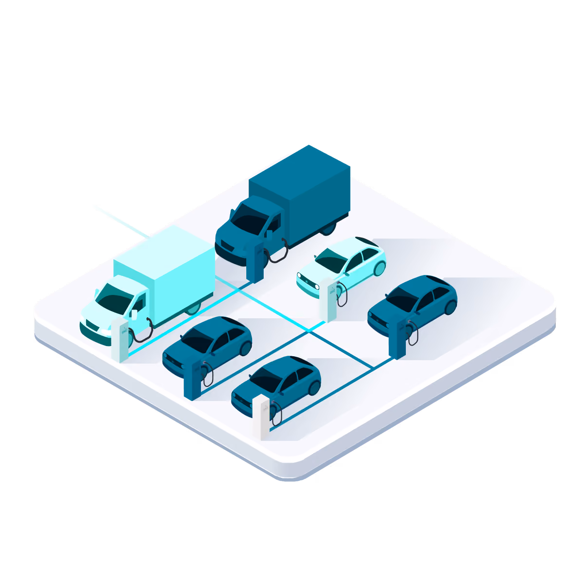 Teal and white delivery vans and cars connected by lines to charging points, with one vehicle highlighted lighter to show priority.