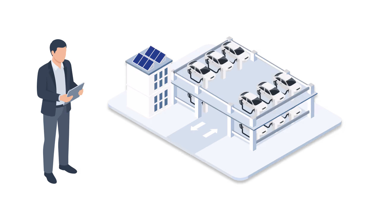 A person holding a tablet stands beside an isometric building with rooftop solar panels and a covered multi-bay EV charging structure.