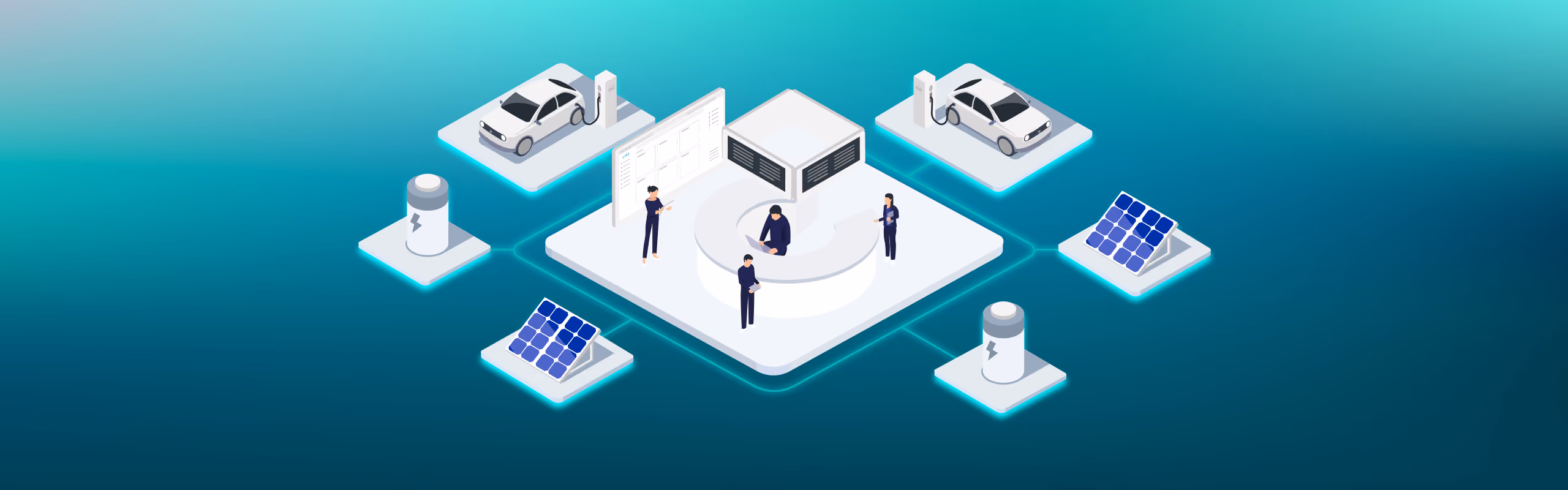 Isometric illustration of a gridX charging hub with two human figures, flanked by parked cars and solar panels on a teal background