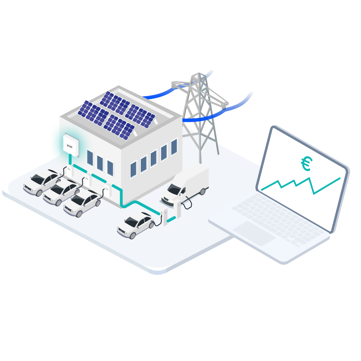 Isometric illustration of a building with solar panels, electric vehicles charging, a delivery van, and a laptop showing a rising euro chart, connected to the power grid