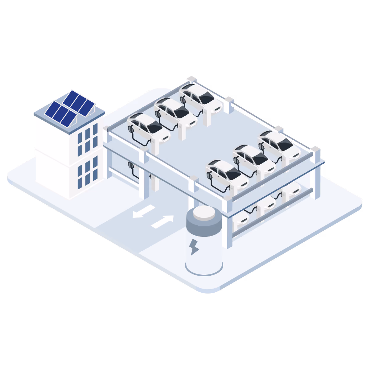 Isometric illustration of a two-level EV parking structure with a battery charging pillar and a building with solar panels