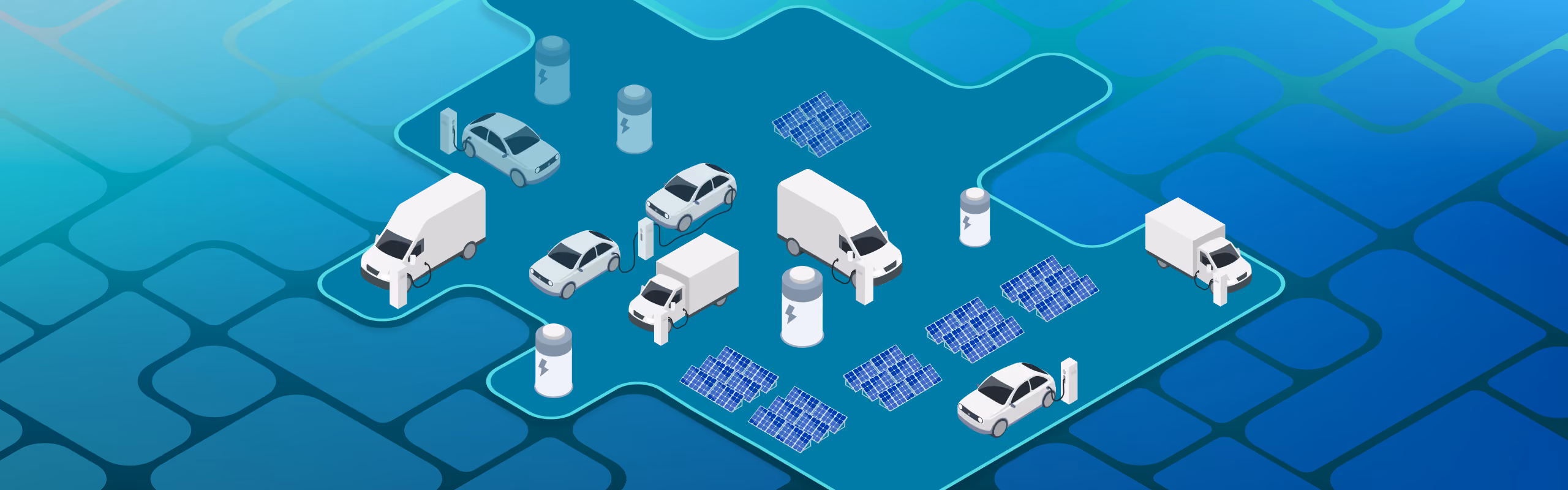 Isometrische Illustration von Lieferwagen, Autos, Solarmodulen und Ladestationen, verbunden innerhalb einer Zone auf türkis-blauem Farbverlauf