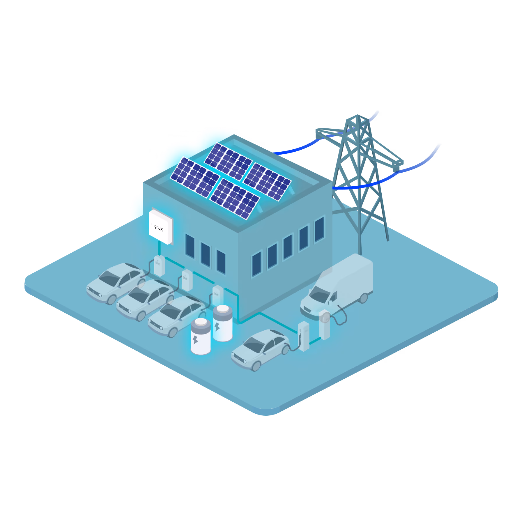 Isometrische Illustration eines zweistöckigen Parkgebäudes mit ladenden Elektrofahrzeugen neben einem Gebäude mit Solarmodulen