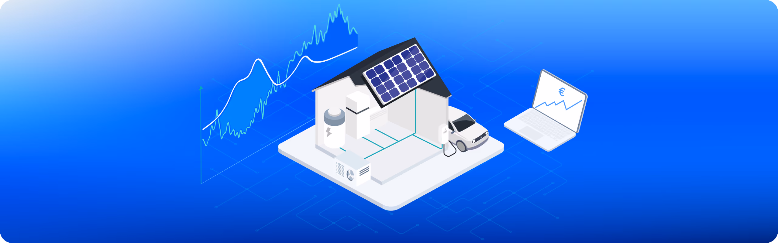 Blue gradient banner showing a house with solar panels and an EV next to a rising line chart and a laptop icon. gridX HEMS Optimize for smart energy tariff optimization across connected home energy assets