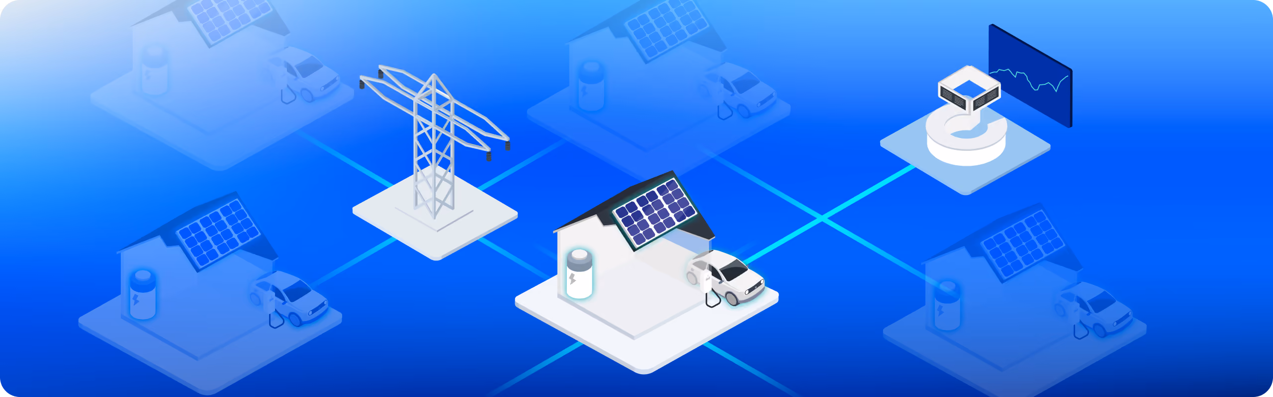 Blauer Gradienten-Banner mit einem Netzwerkdiagramm aus Häusern, Solarmodulen, Elektrofahrzeugen und einem Strommast, verbunden mit einem gridX-Dashboard