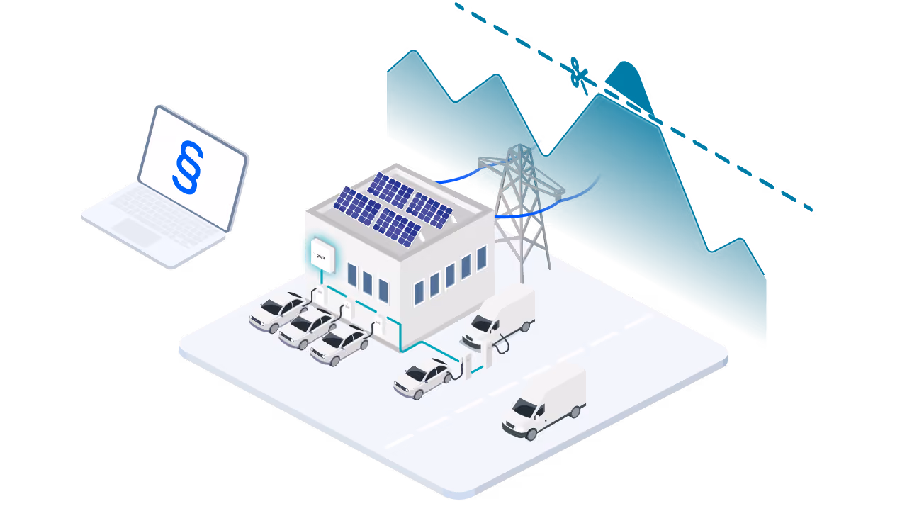 The same commercial building with solar panels and EV charging bays, with a laptop showing a paragraph icon and a dashed line linking to a falling chart in the background.
