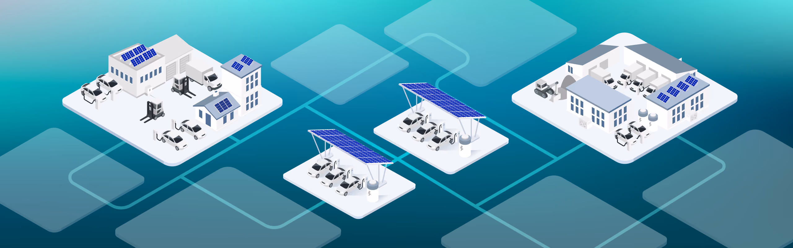 Four isometric sites on a teal gradient background: a warehouse with solar panels and forklifts, two solar carport charging hubs, and a mixed-use site with charging and solar, connected by glowing teal lines.