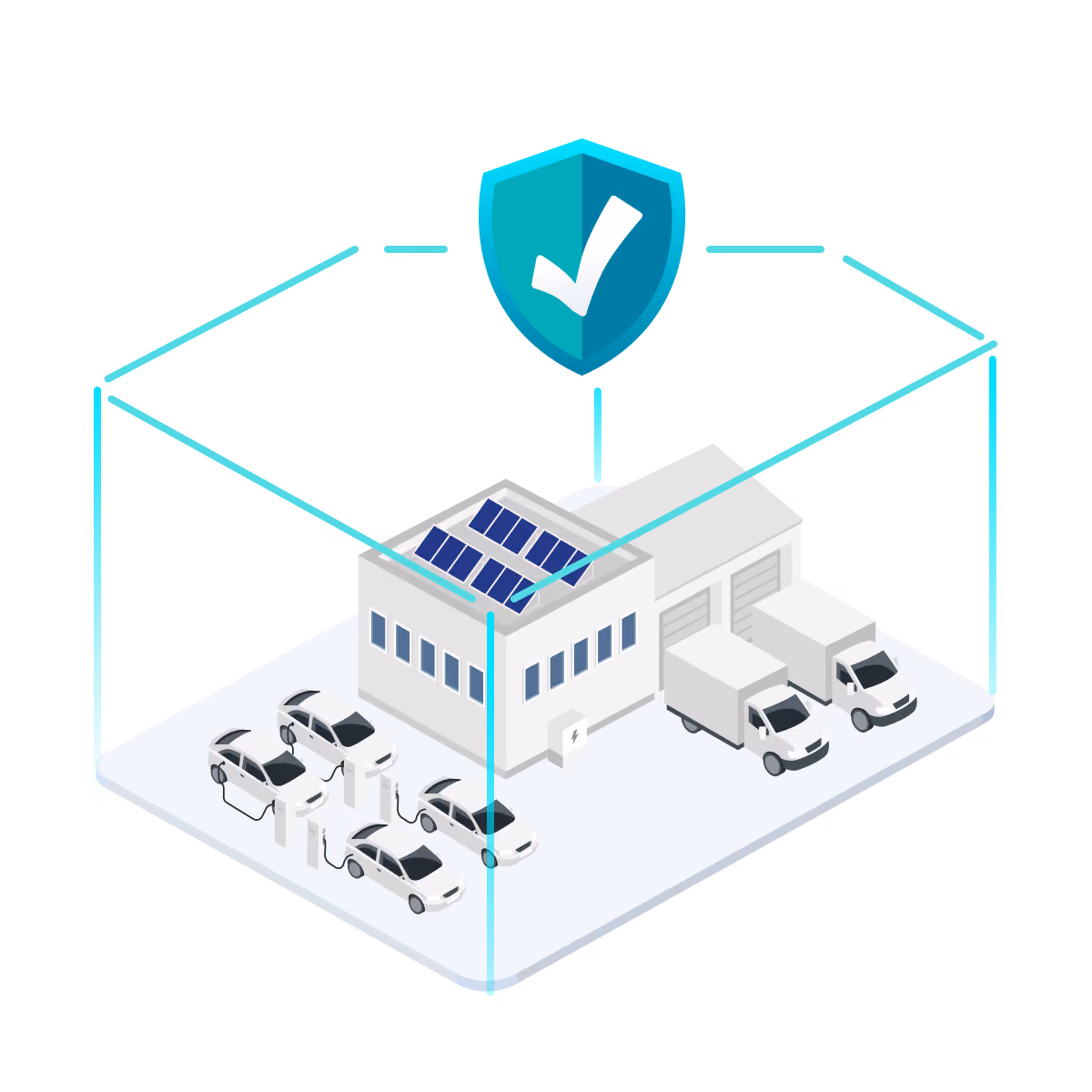 A commercial building with rooftop solar panels and an EV fleet sits inside a bounding box, with a teal shield icon showing a checkmark above it.