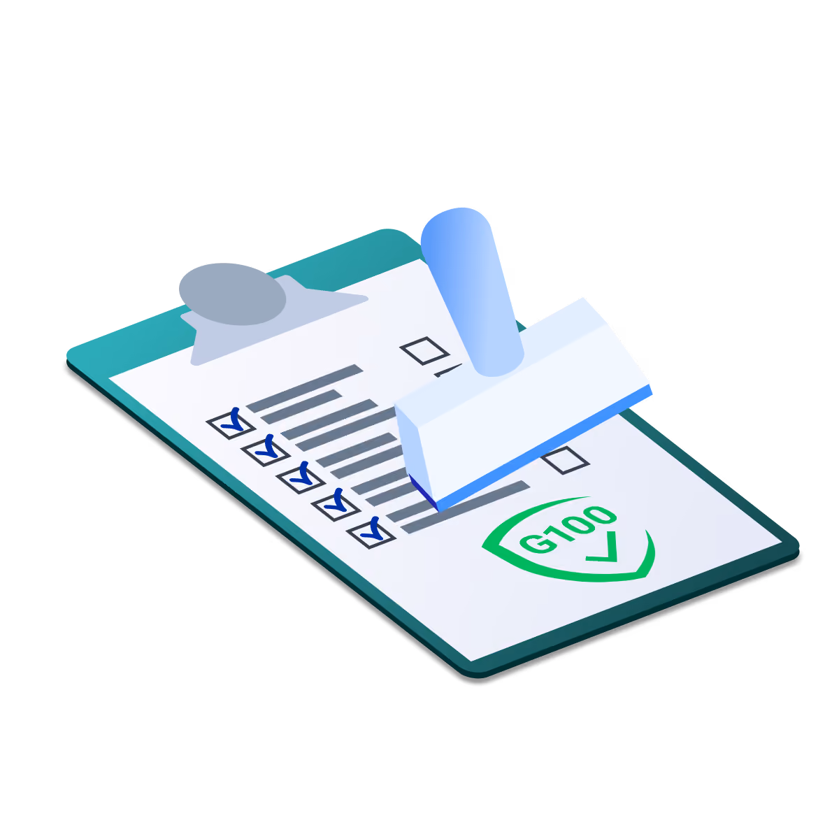 A clipboard checklist with checked boxes and a stamp bearing a green shield icon labeled 'G100' with a checkmark.