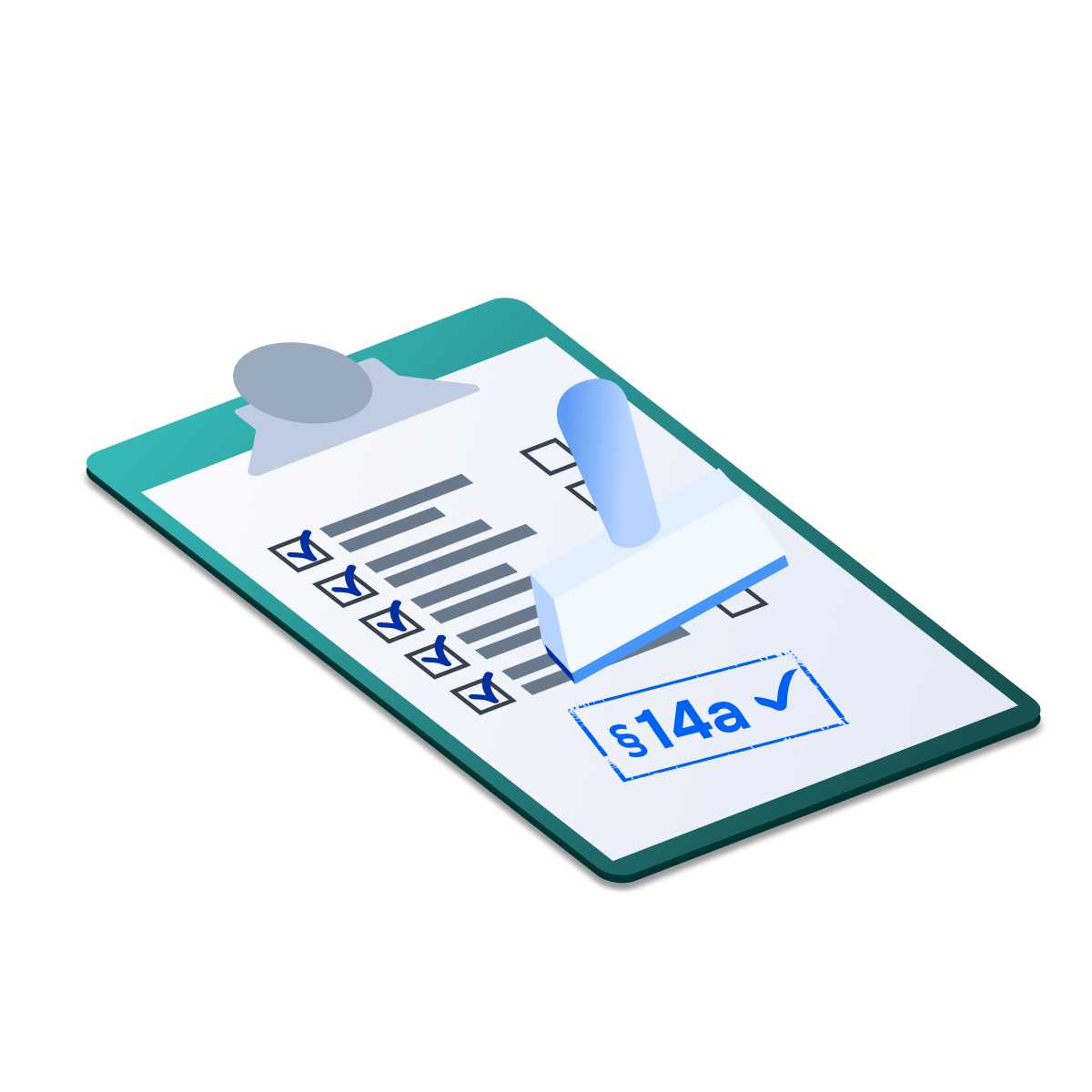 A clipboard checklist with checked boxes and a stamp bearing a blue dashed box labeled '§14a' with a checkmark.