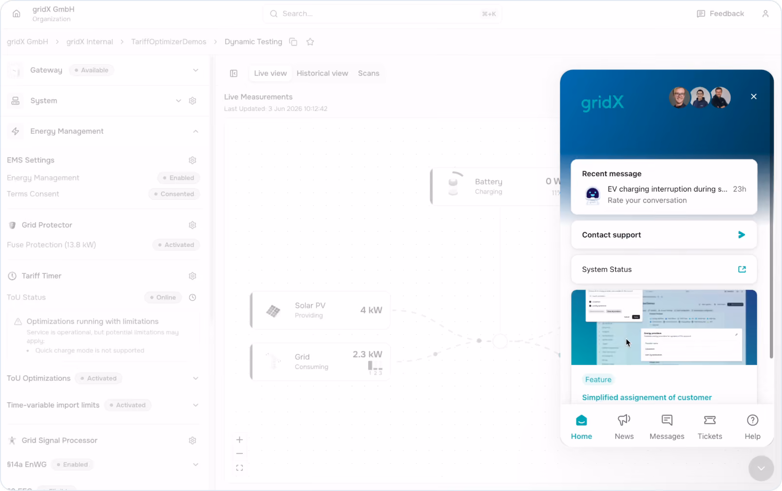 gridX Operator Dashboard mit geöffnetem Support-Panel, das eine aktuelle Support-Nachricht, Kontaktoption und Systemstatus zeigt