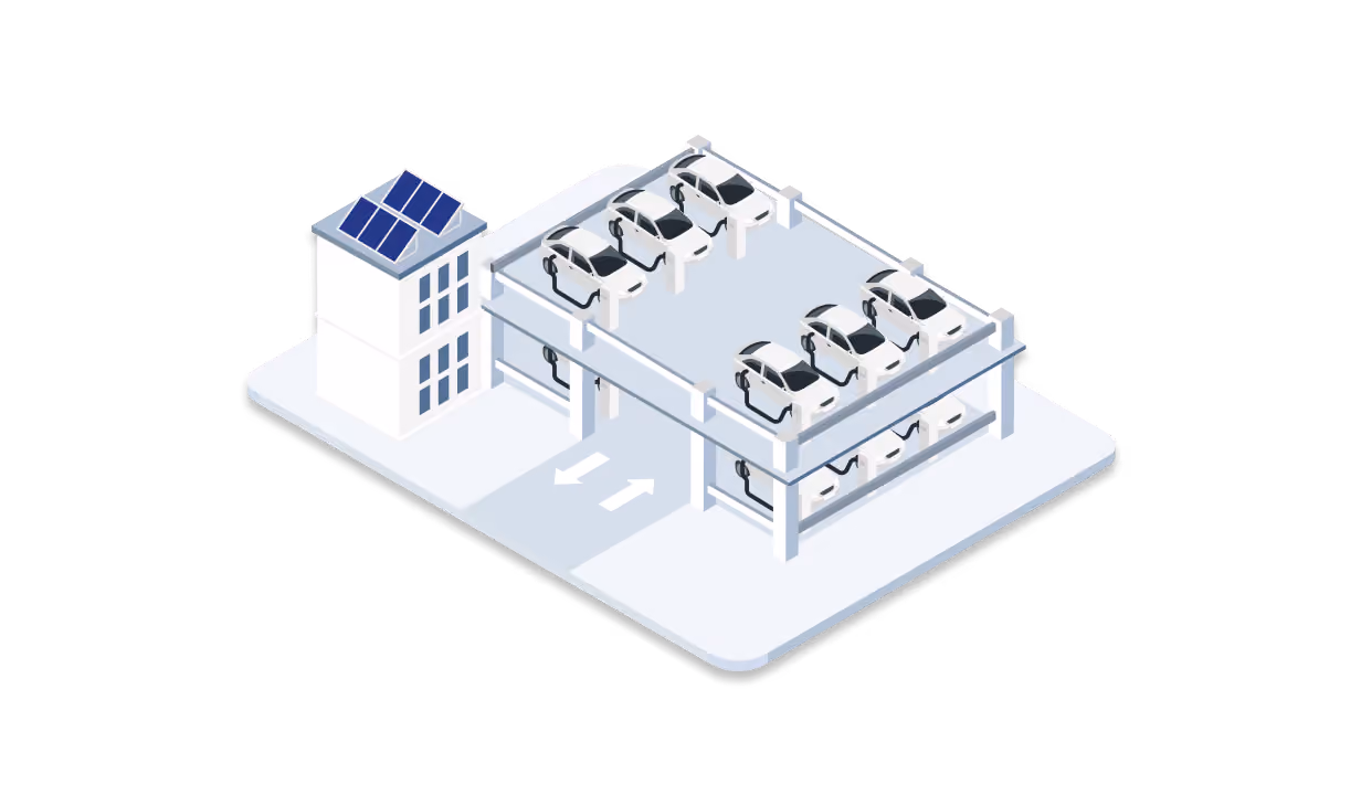 Isometric building with rooftop solar panels and a covered multi-bay EV charging structure.