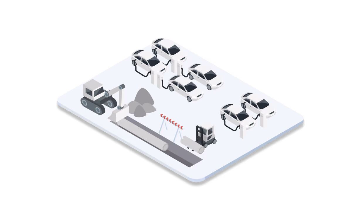 Isometric scene of electric vehicles at charging stations with a robotic vehicle and signal waves.
