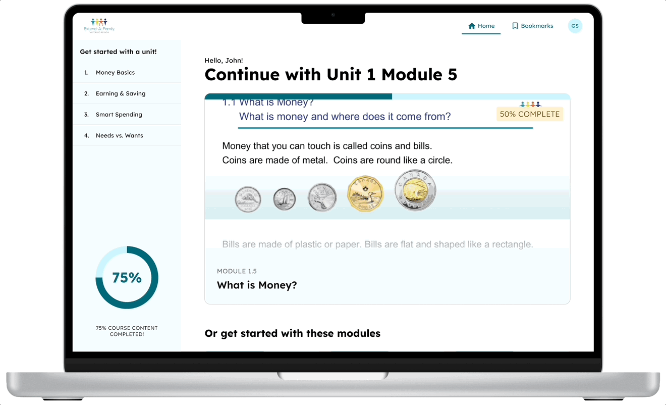 A mockup of someone clicking on a module in the dashboard, thus being able to start where they left off in the next screen.