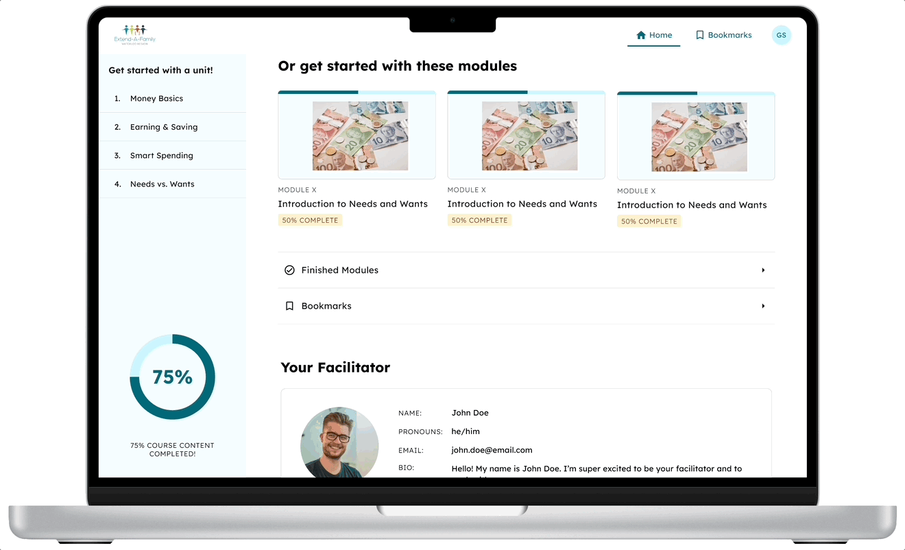 A mockup of someone clicking "Finished Modules" from the dashboard, thus being able to check their finished modules. They click on a specific unit to see the ones for that unit.