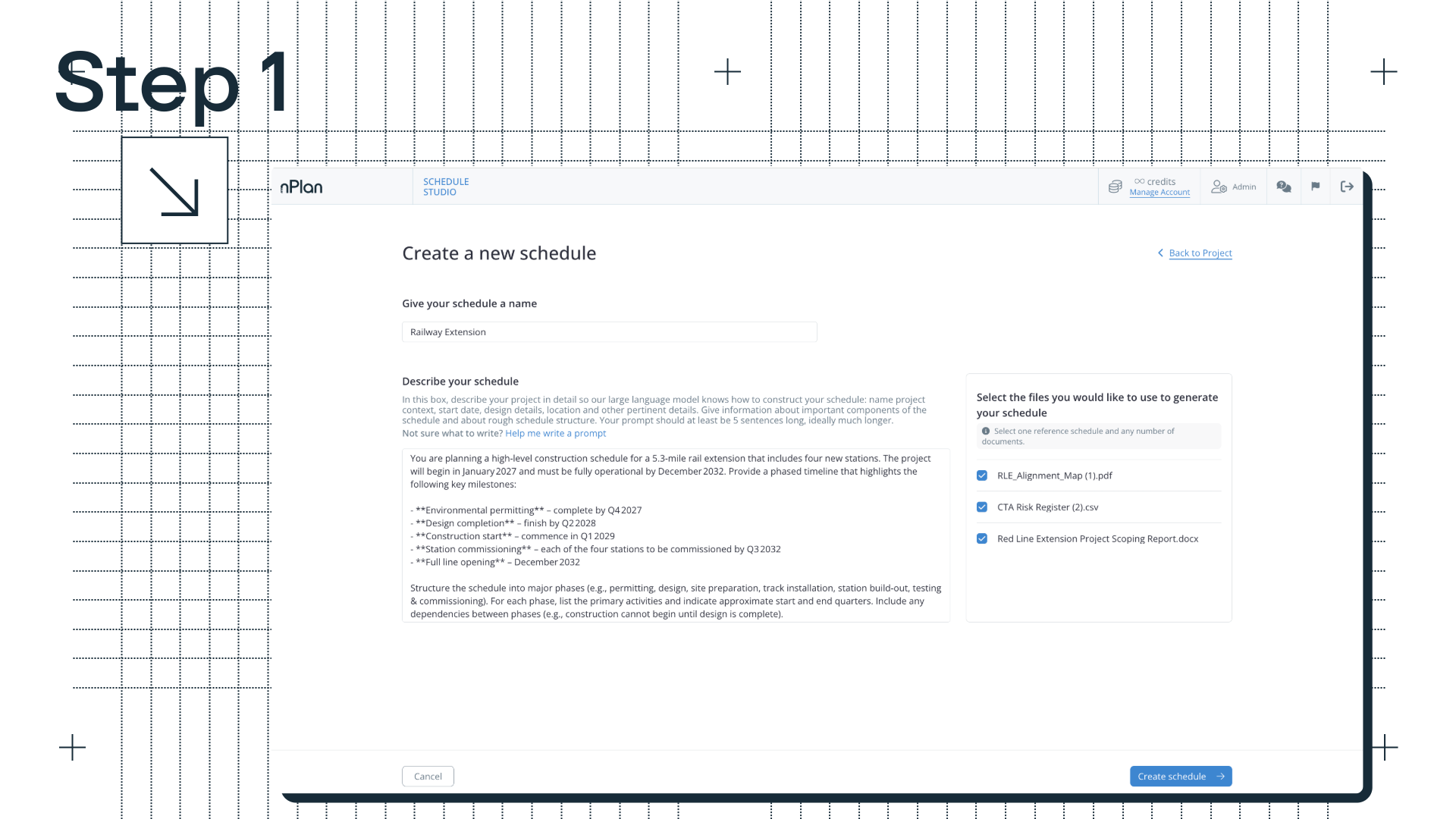 Schedule Studio's Create a new schedule screen for a railway extension: a written project description with phased milestones from environmental permitting to full line opening, and three selected files to generate from, including an alignment map PDF, a risk register spreadsheet and a project scoping report.