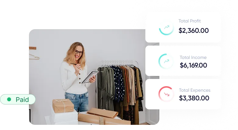 Woman with glasses holding tablet near clothing rack and wrapped packages, with profit, income, expenses stats.