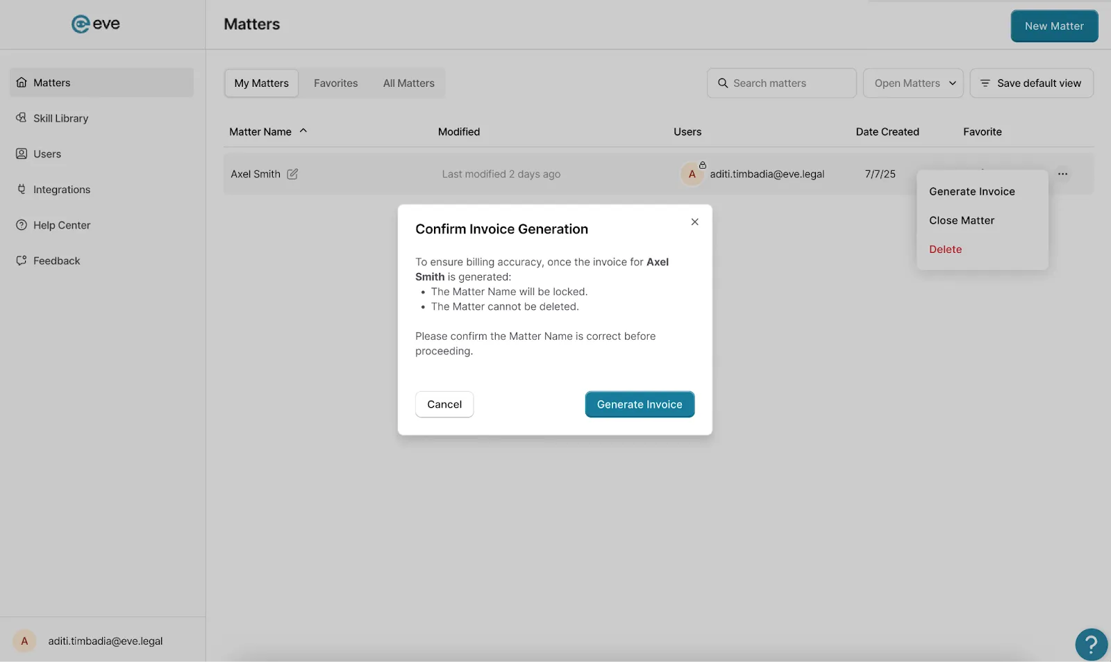 Eve Per-Matter Invoicing