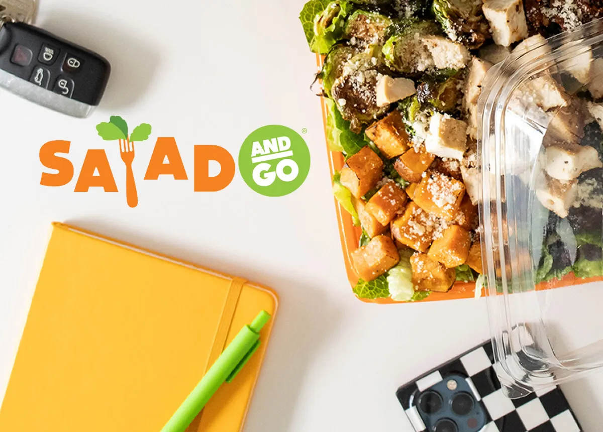 Close up of a fresh salad from Salad And Go who uses NCR Voyix for wall-to-wall managed services, real-time service desk support, and digital signage solutions  