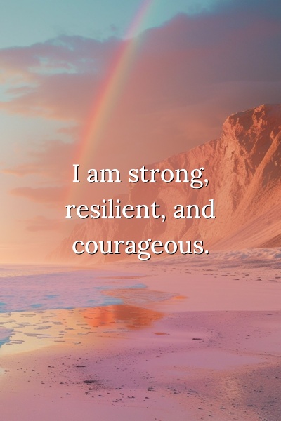 Affirmation about being strong resilient and courageous on a sunrise background