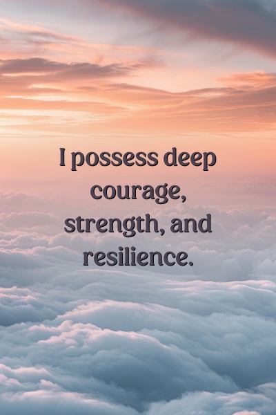 Affirmation about being strong confident and brave on a sunrise background