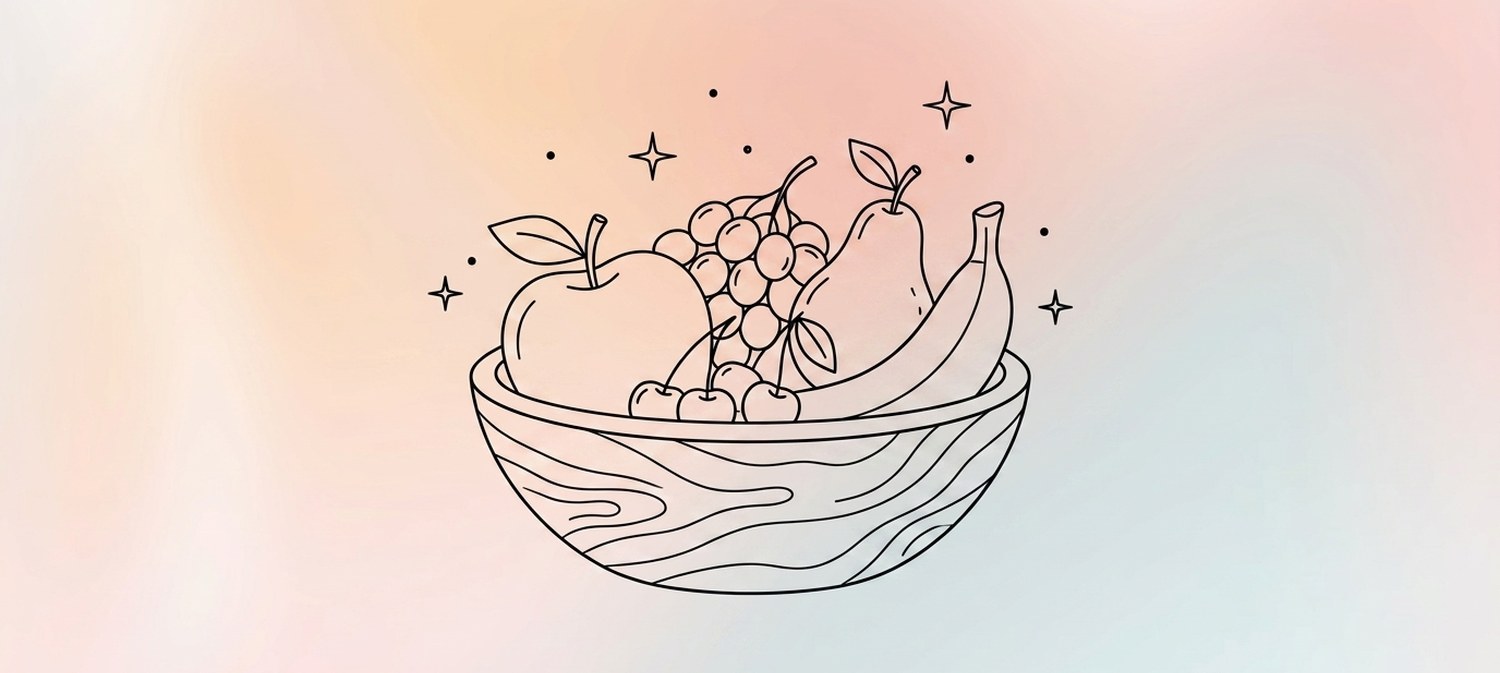Illustration of fruit in wooden bowl