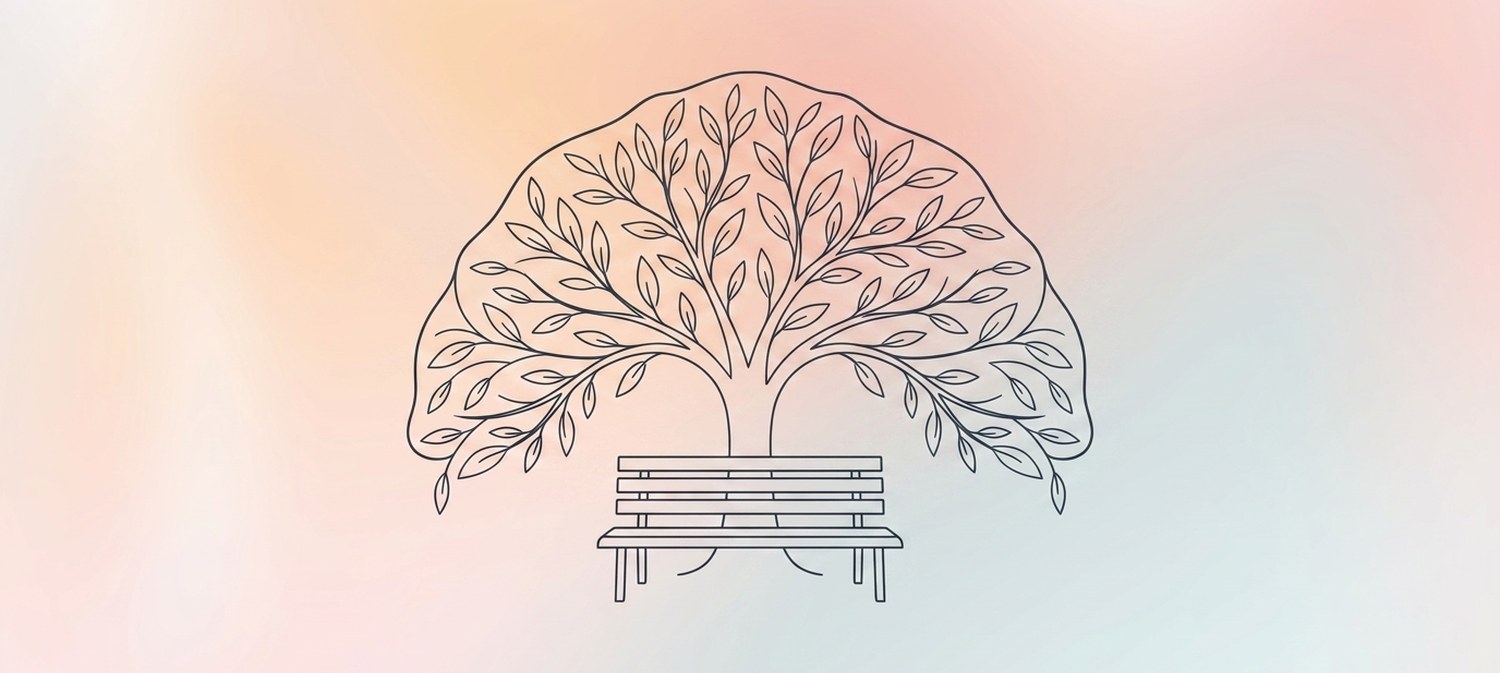 Illustration of park bench under tree canopy