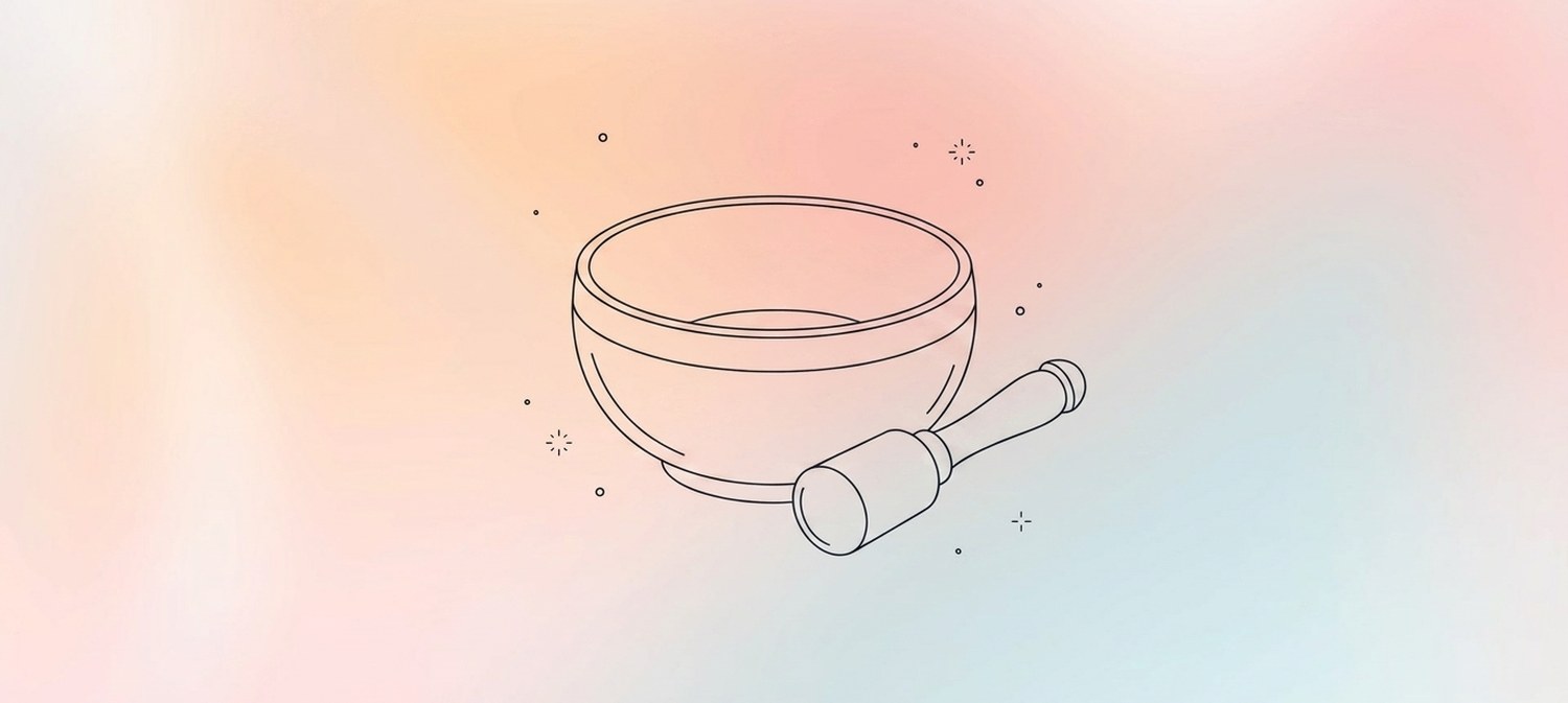 Illustration of brass singing bowl with mallet