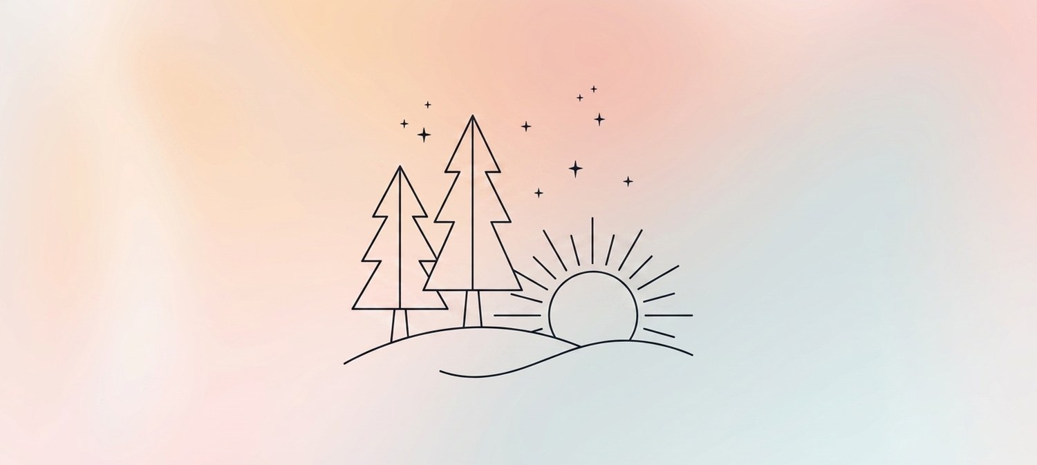 Illustration of sun rising behind evergreen trees