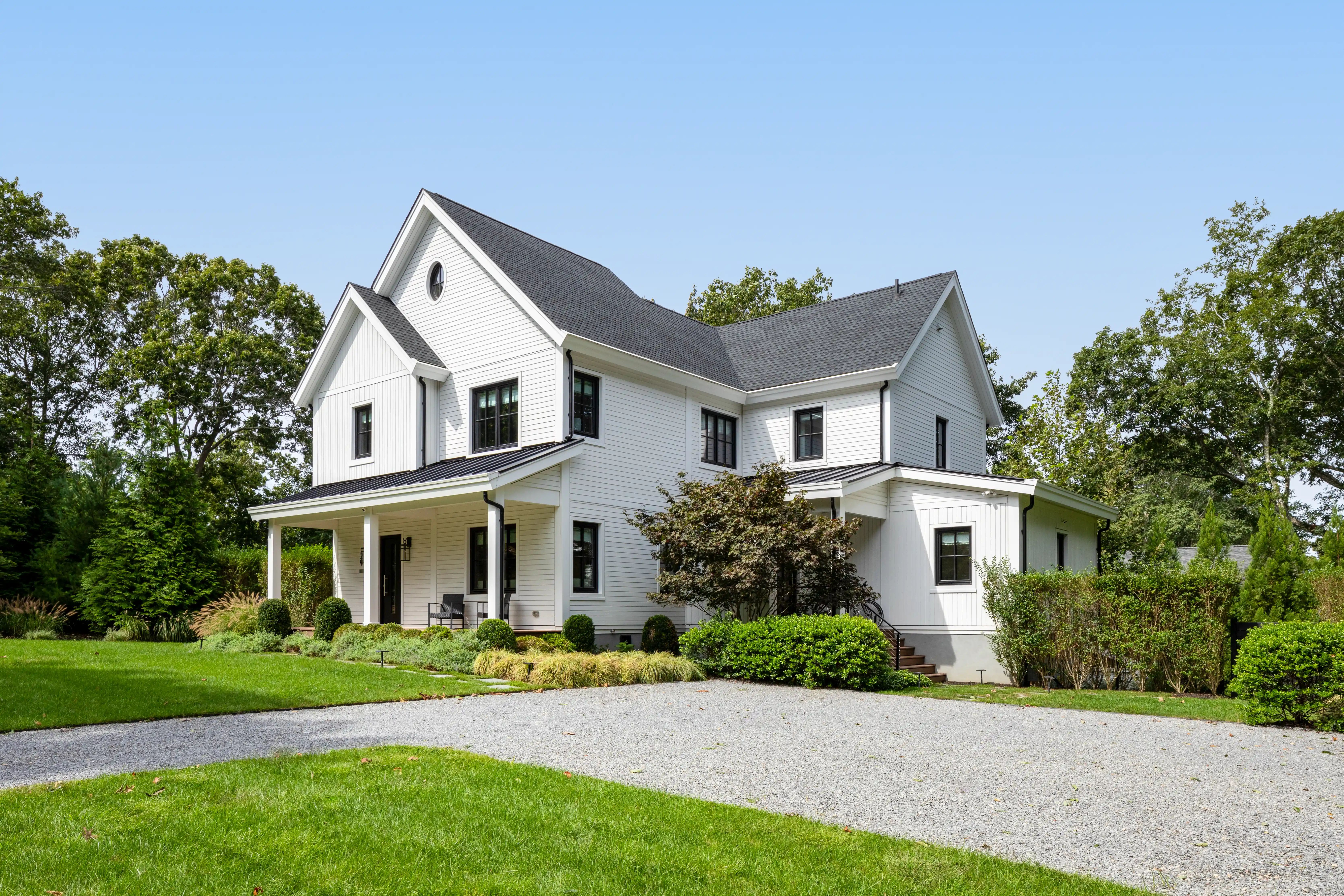 Luxury white custom home exterior with contemporary farmhouse architecture