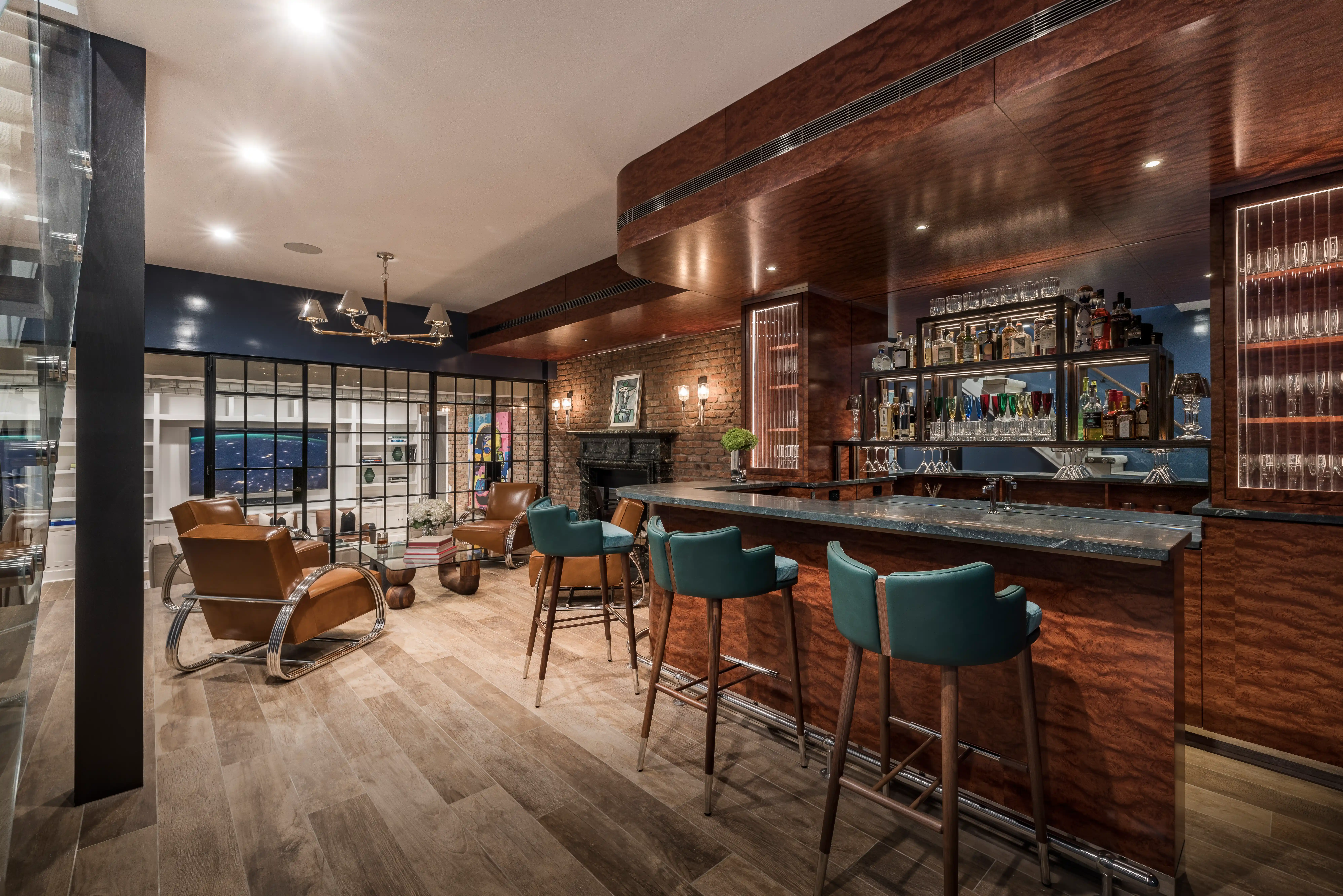 Custom home bar and entertainment room with modern interior design