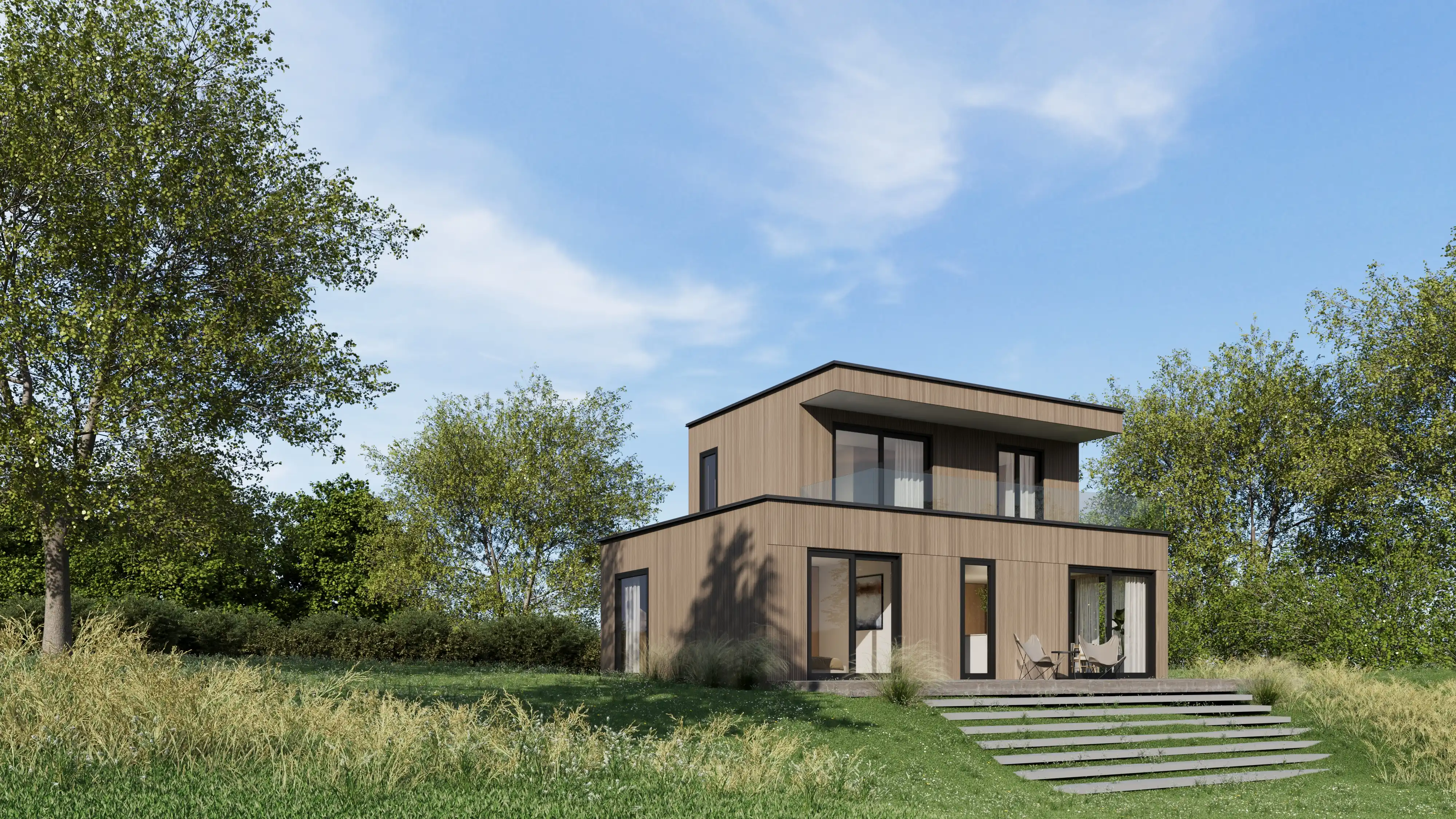 Luxury modern house visualization with clean geometric exterior design