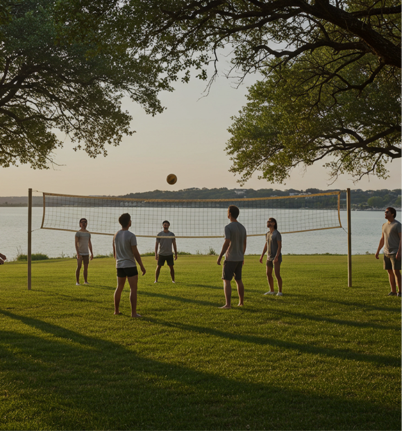 Peninsula Club volleyball court overlooking Lake Travis