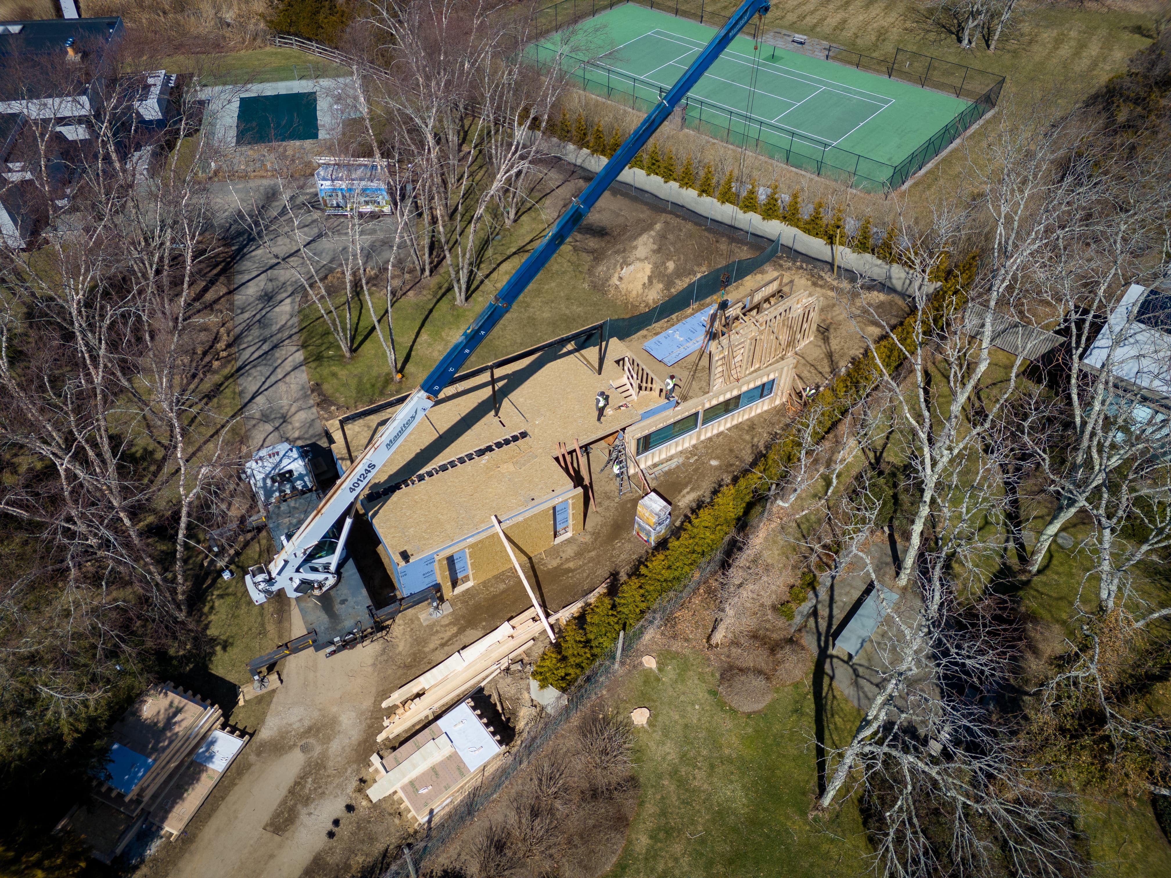 Aerial view of tiny home ADU build progress in Bridgehampton NY