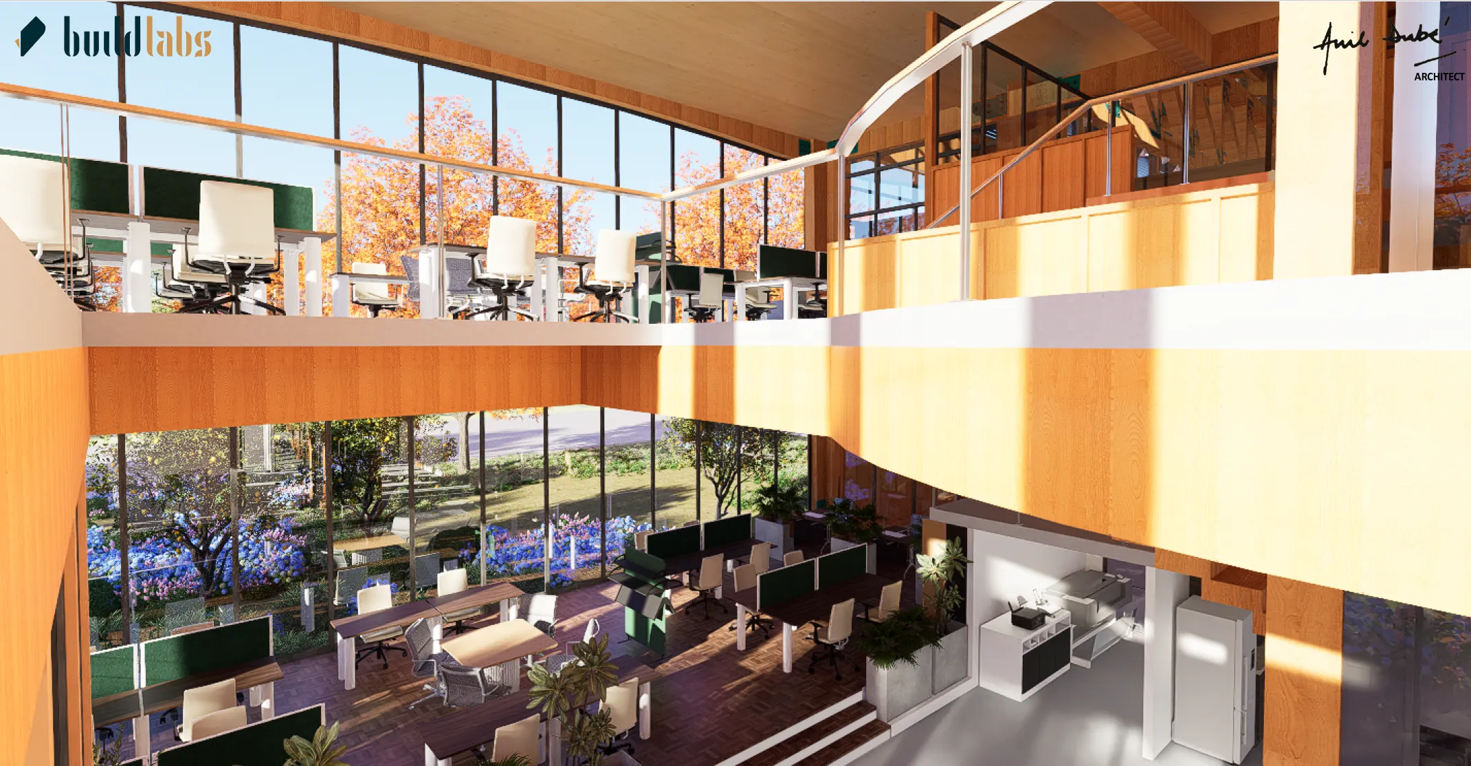 Modern office interior rendering for the BuildLabs