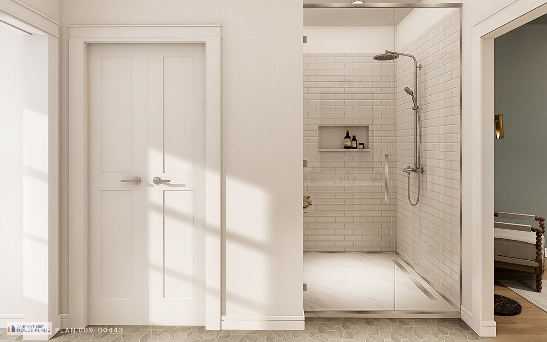 Walk-in shower with frameless glass enclosure in the primary bathroom